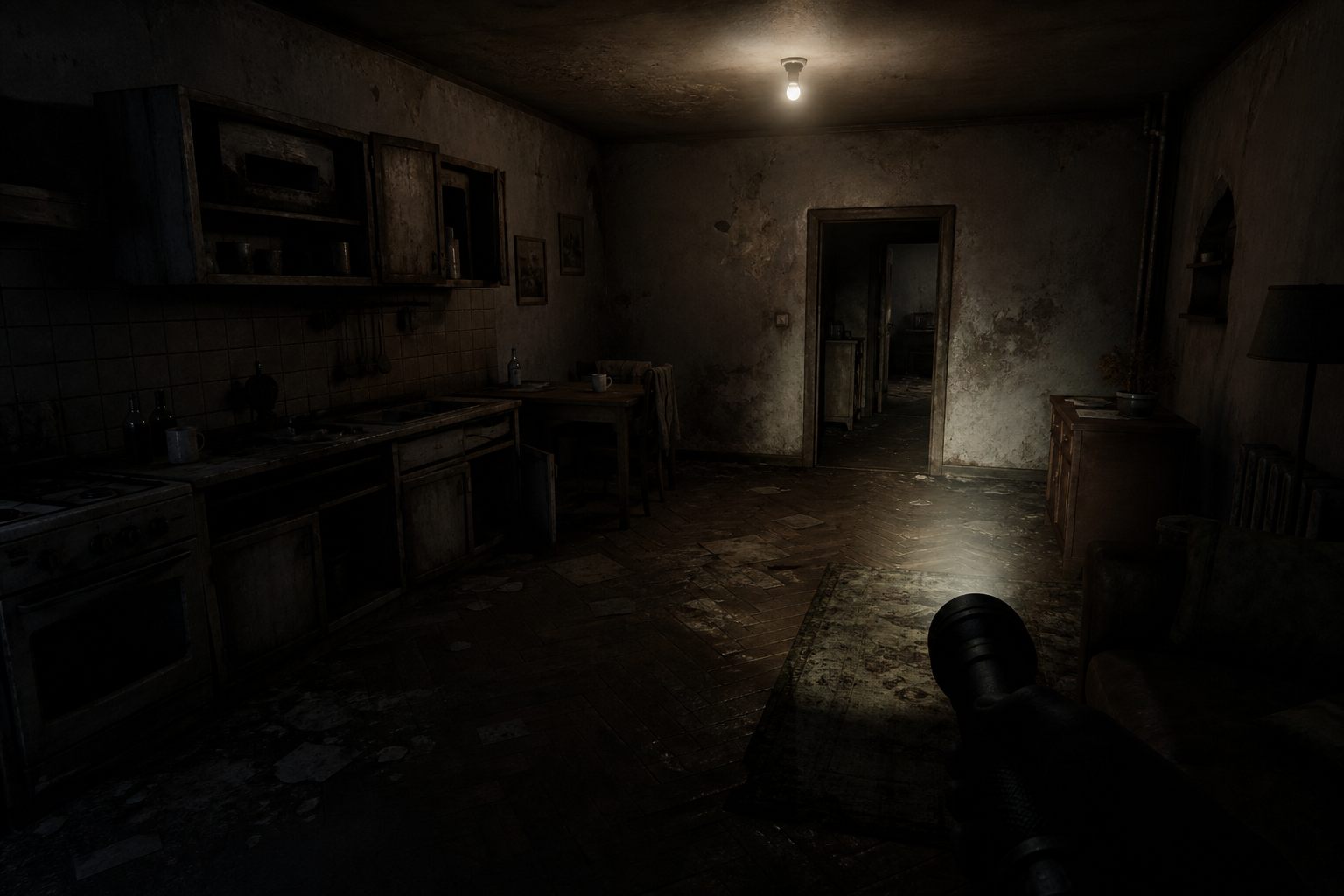 Abandoned apartment room lit by flashlight